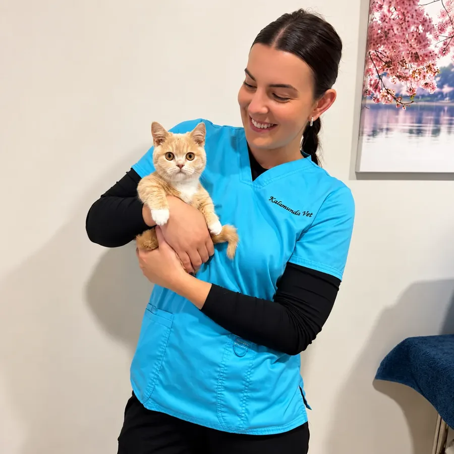 A Kalamunda team member in clinic scrubs holding a young cream-coloured kitten