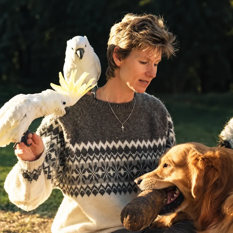 Tracy Houghton with a cockatoo and a dog